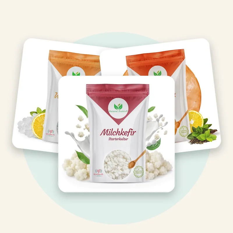 Komplettset mit Wasserkefir-Kristallen, Milchkefir-Knollen und Kombucha-Pilz